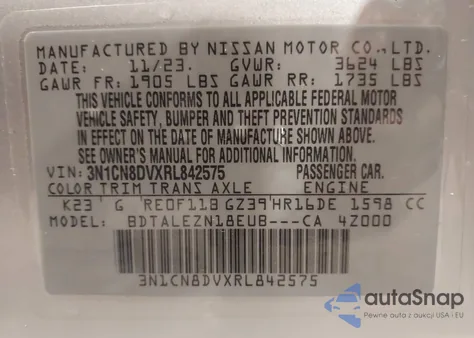 2024 Nissan Versa 1.6 S из США, поврежденный, VIN 3N1CN8DVXRL842575